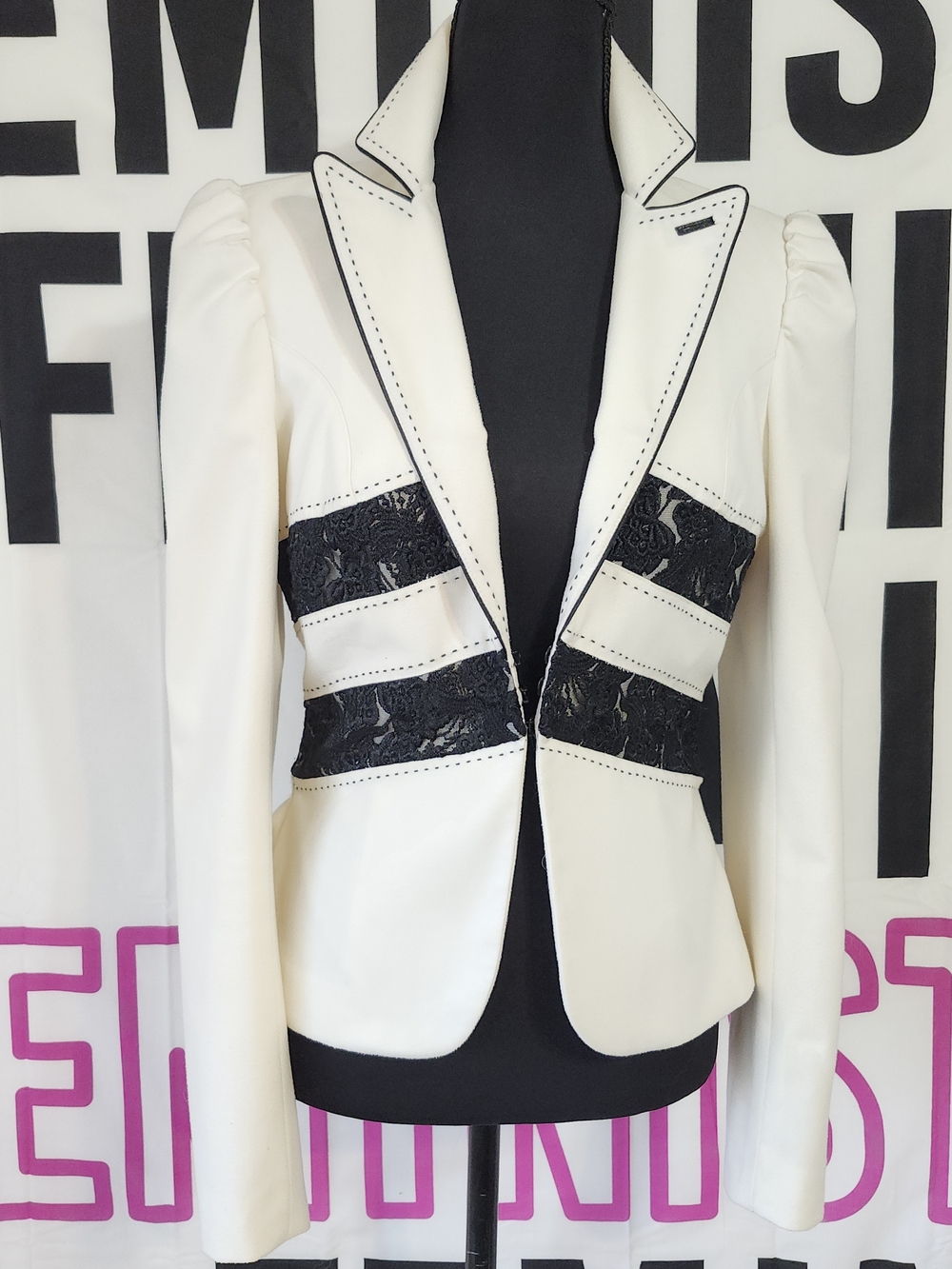 White Lace-Panel Structured Pleated Back Tailored Peplum Blazer LUXURY Jacket